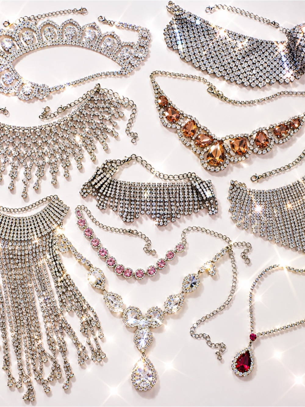 Lot of 10 Statement Rhinestone Crystal Necklaces Bridal Pageant Festival Costume